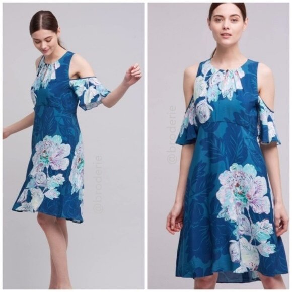 Anthropologie Elia Open-Shoulder Dress new with tag blue floral size 14 - Picture 1 of 12